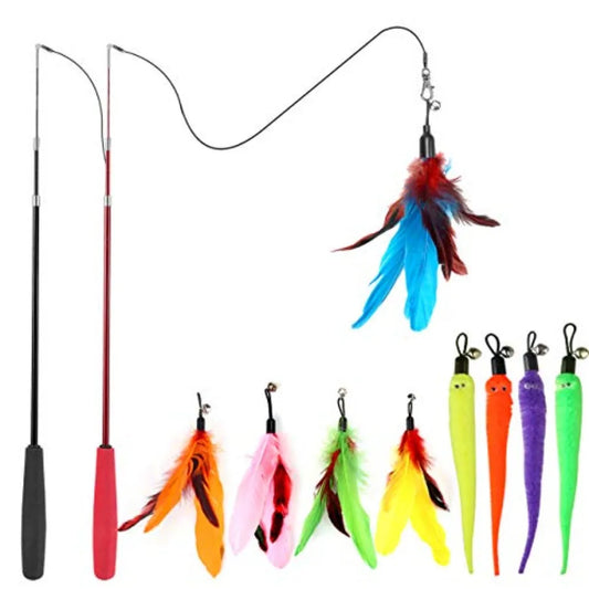 Interactive Cat Toys Retractable Wand Toy and Feather Toys Refills for Indoor Cats to Chase and Exercise