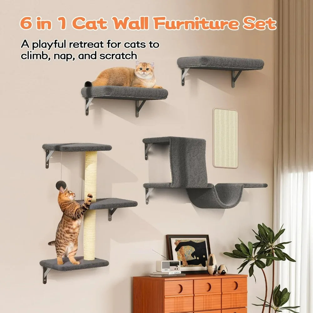 Cat Wall Shelves, Stable & Safe 6 in 1 Pet Walls Furniture Set with Wooden Cat Climber,House, Bridge, Tree, Steps